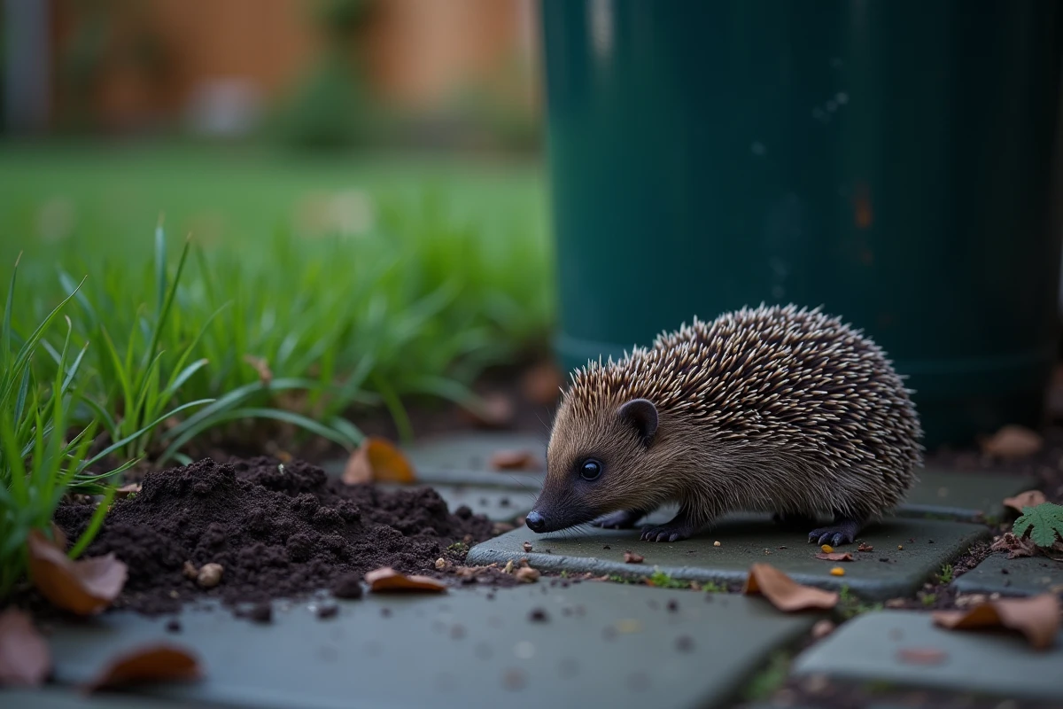 Hérisson nocturne près d'un composteur de jardin avec des crottes visibles sur un chemin en pierre au crépuscule