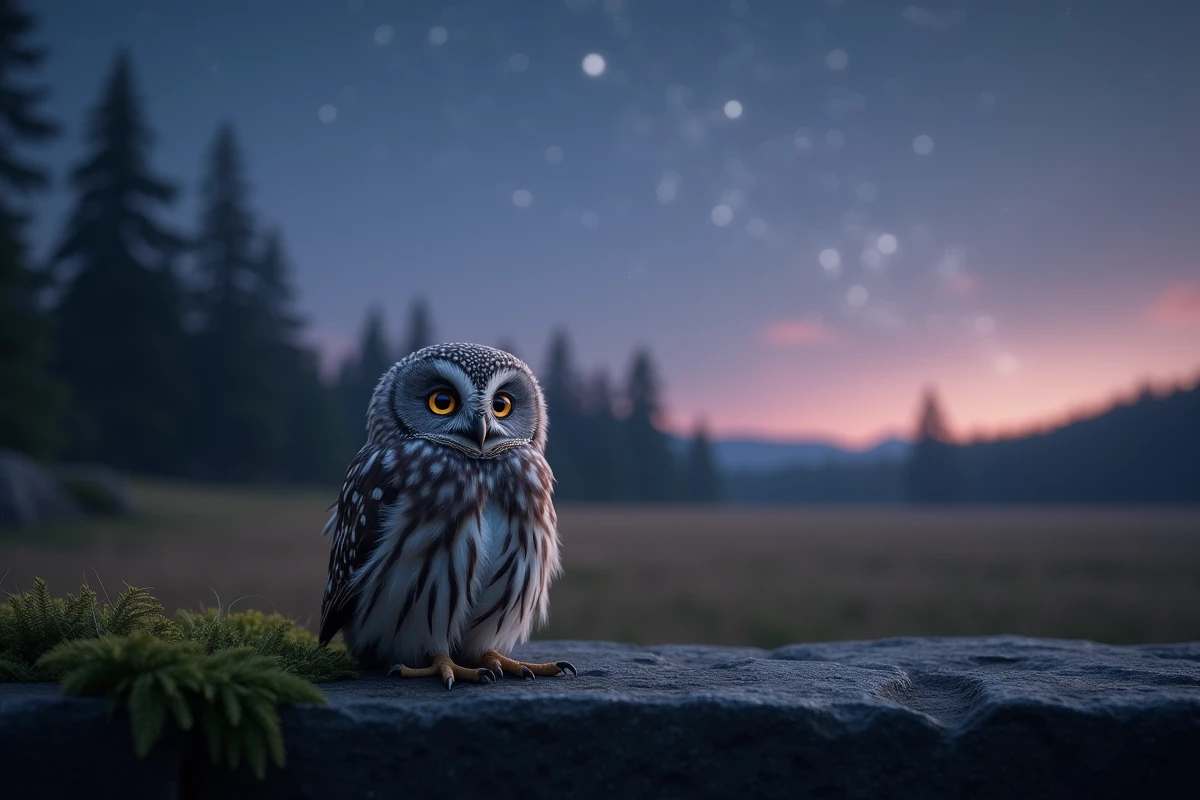 Petit hibou sur un rocher moussu sous un ciel étoilé au crépuscule