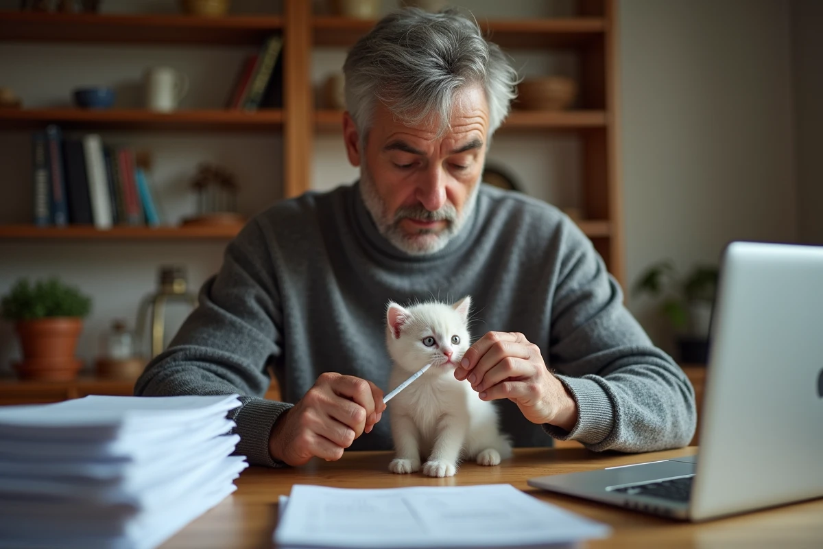 Homme donne des gouttes à un chat dans un intérieur domestique