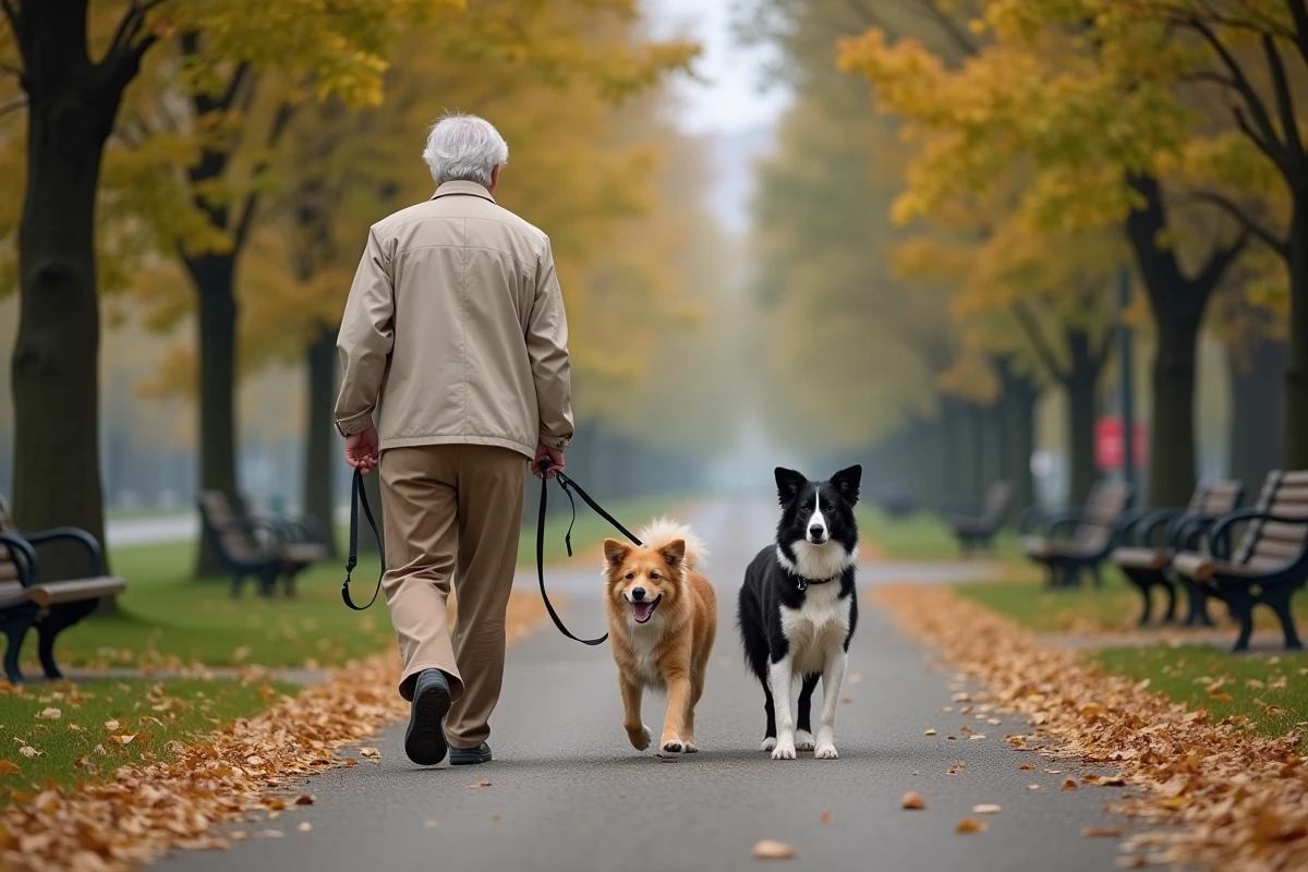 Homme âgé marchant avec deux chiens dans un parc urbain