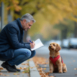 Homme d'âge moyen remplissant un rapport d'accident avec un chien à côté