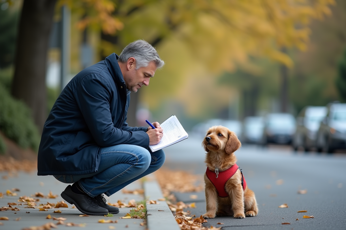 Homme d'âge moyen remplissant un rapport d'accident avec un chien à côté