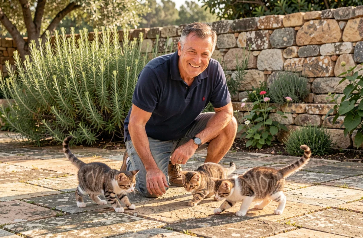 Homme en extérieur entouré de chatons sur une terrasse en pierre dans le Var, contexte de don de chatons près de Toulon avec démarche légale