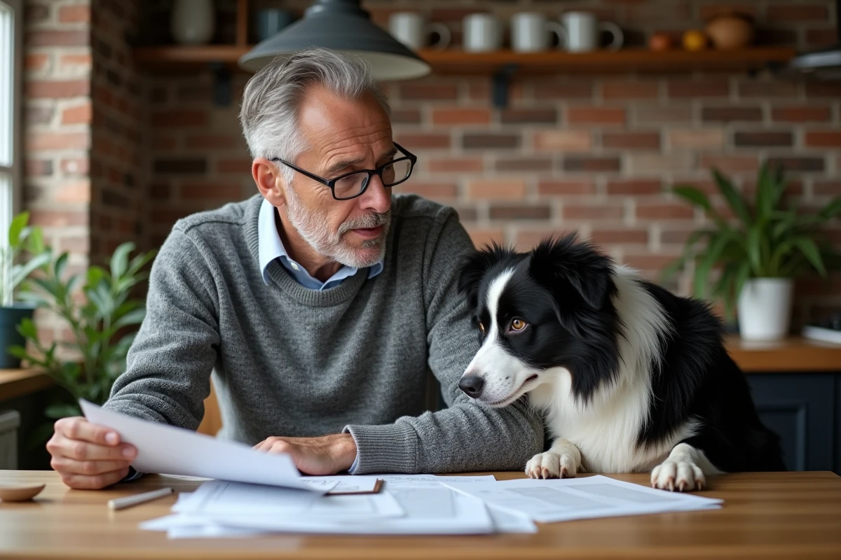 Homme comparant des contrats de mutuelle pour chien à la maison avec son border collie, symbolisant le choix d'une assurance animale adaptée