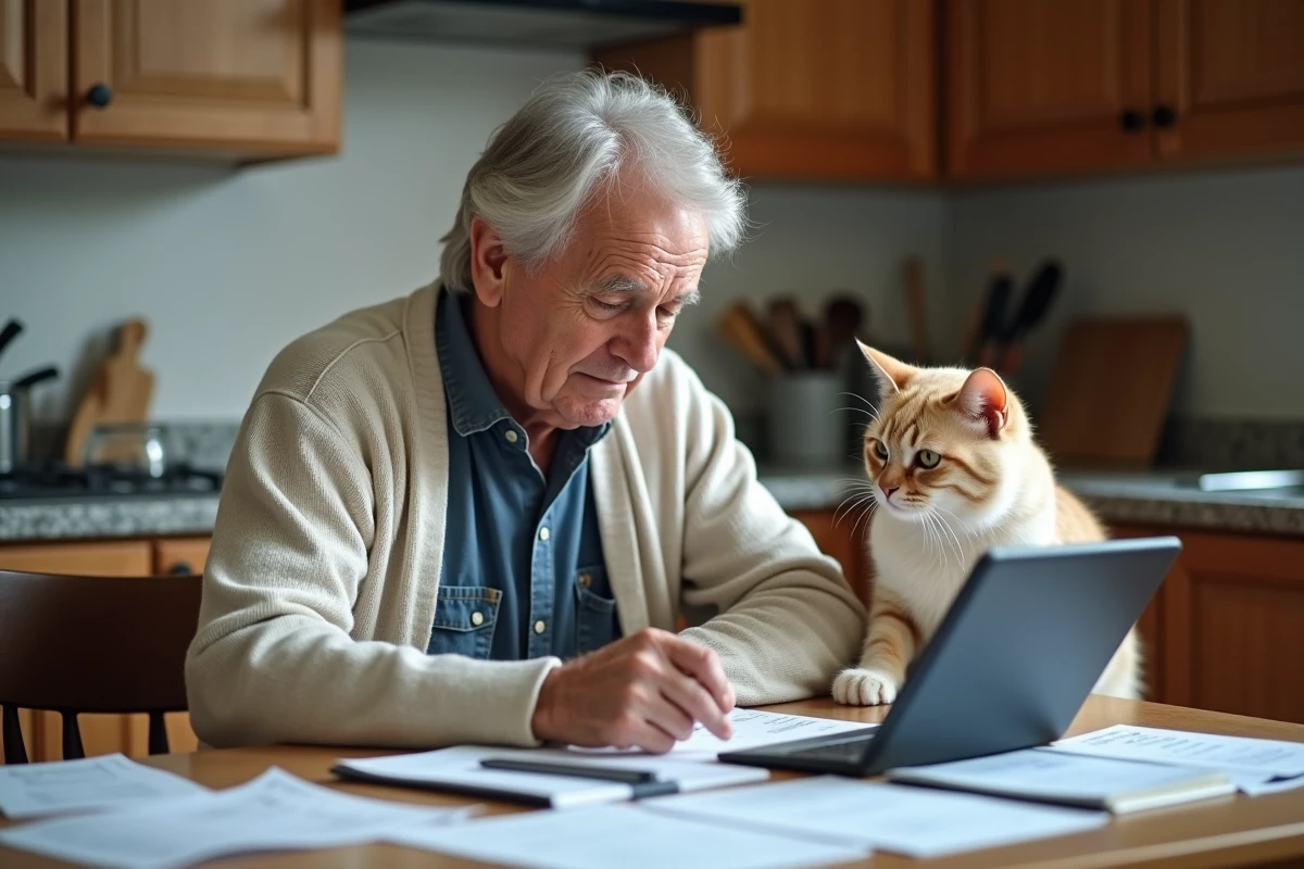 Homme âgé avec chat Birman dans sa cuisine en train de gérer ses finances