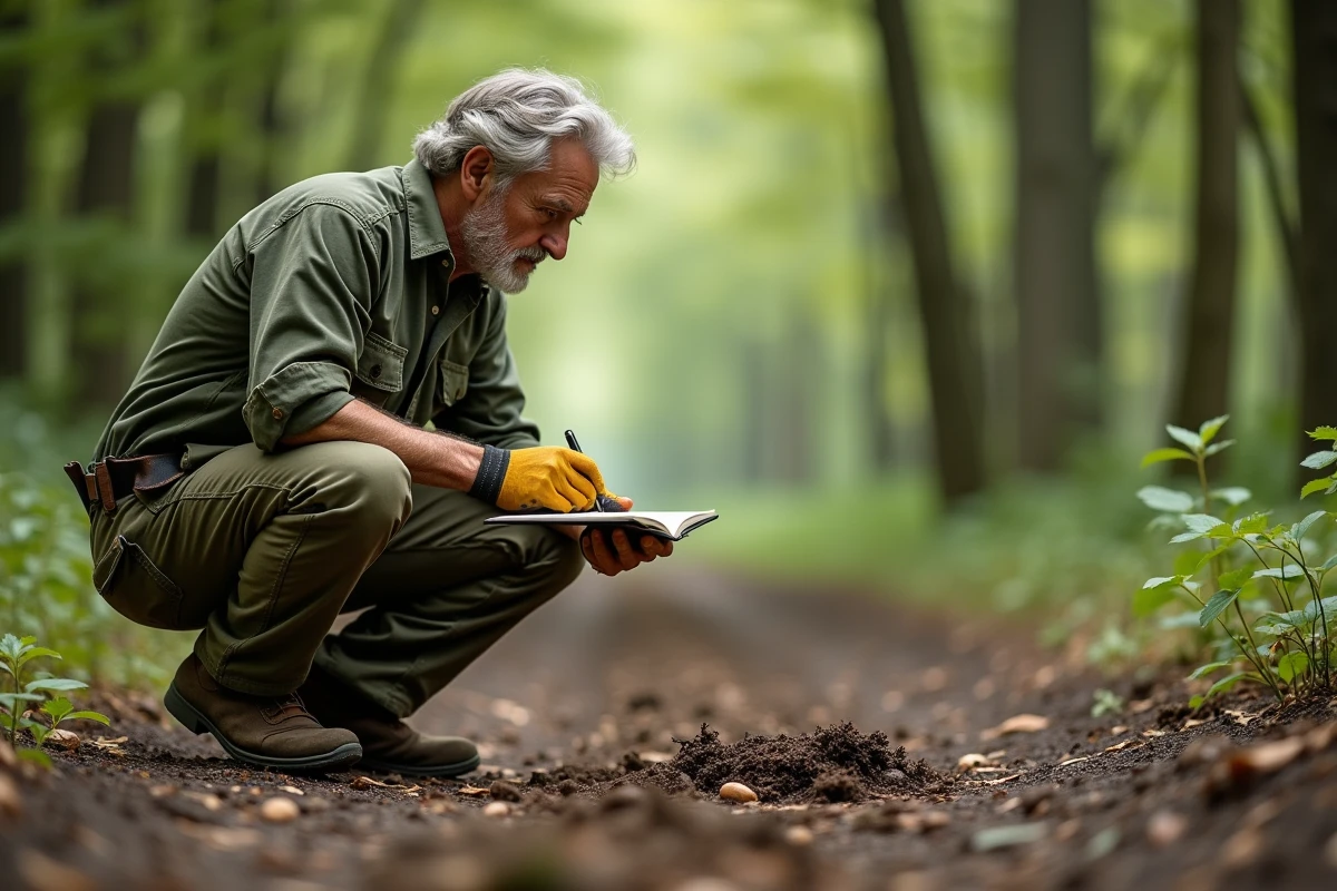 Homme d'âge mûr inspectant des traces de passage de sangliers en lisière de forêt avec un carnet de notes