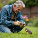 Homme en vêtements de jardinage examine une petite souris dans sa main