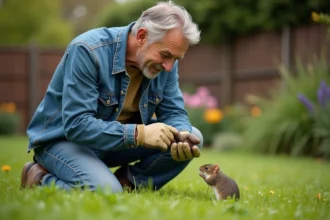 Homme en vêtements de jardinage examine une petite souris dans sa main