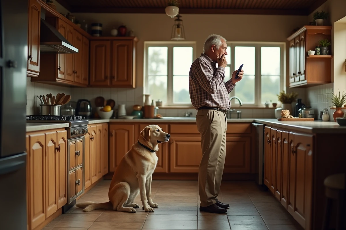 Homme âgé inquiet avec son chien dans une cuisine rustique