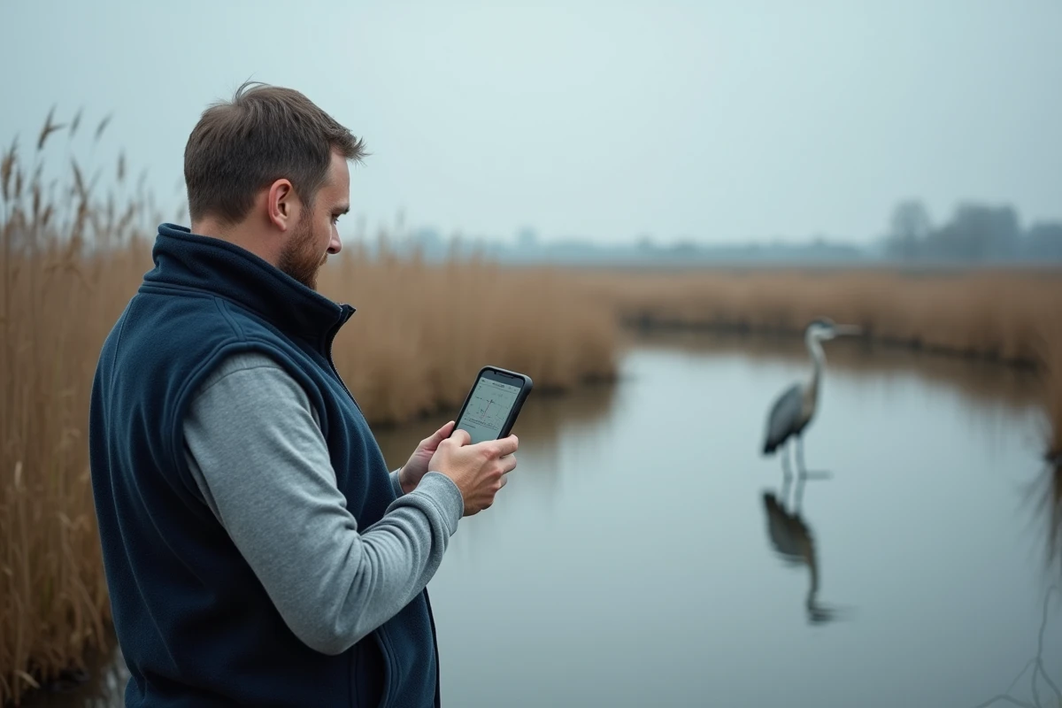 Homme au bord d'un marais consultant une application de reconnaissance d'oiseaux sans connexion internet face à un héron