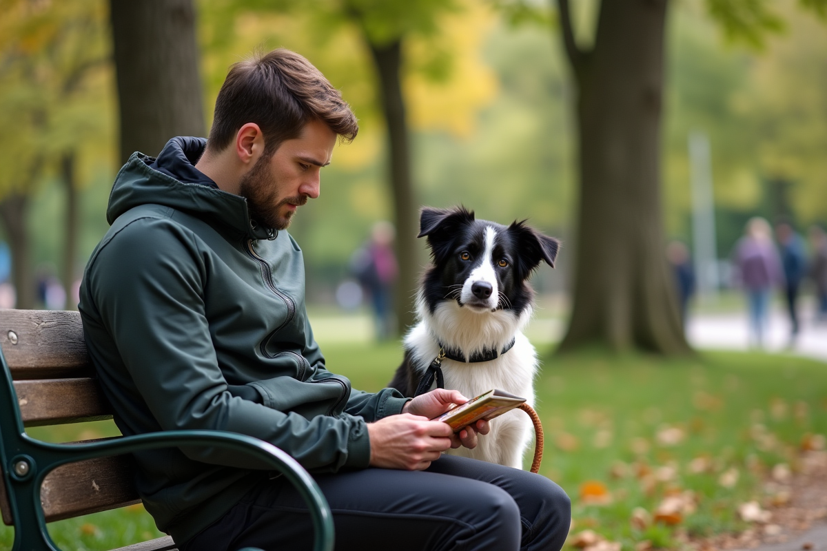 Homme et chien dans le parc regardant l étiquette