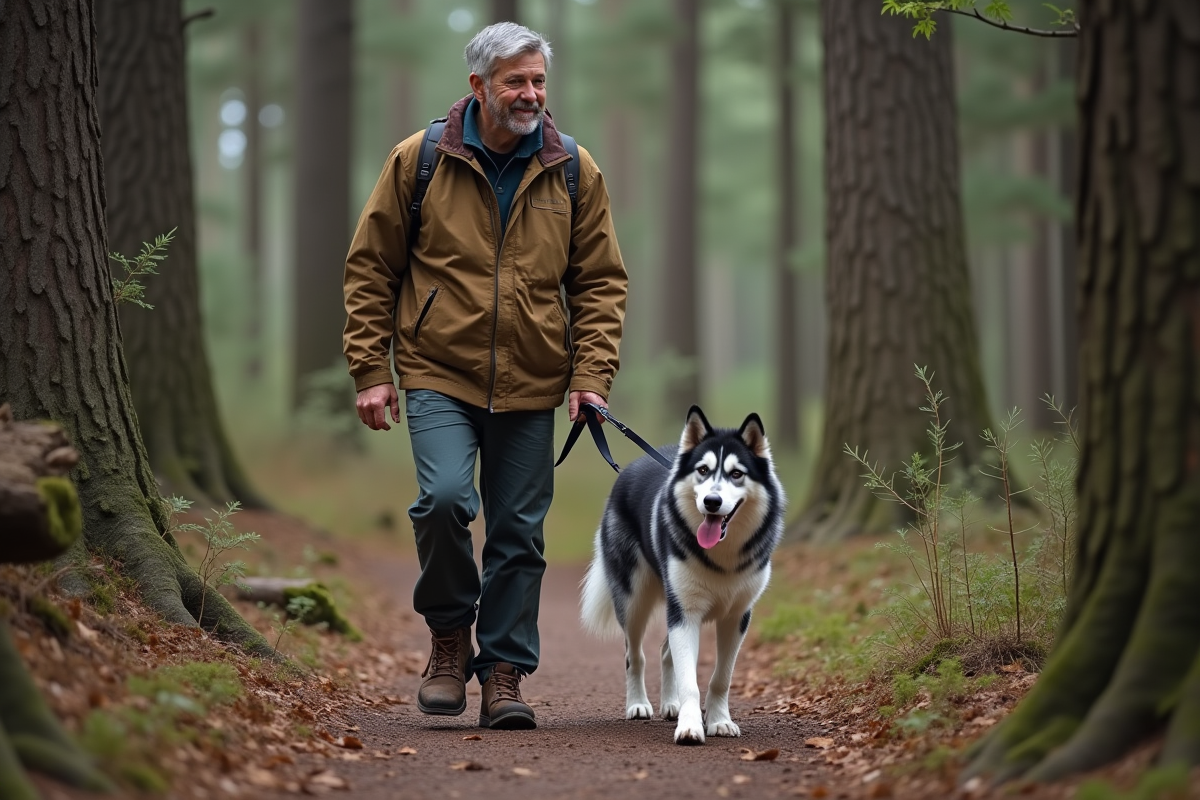 Homme marche en forêt avec son chien husky en laisse