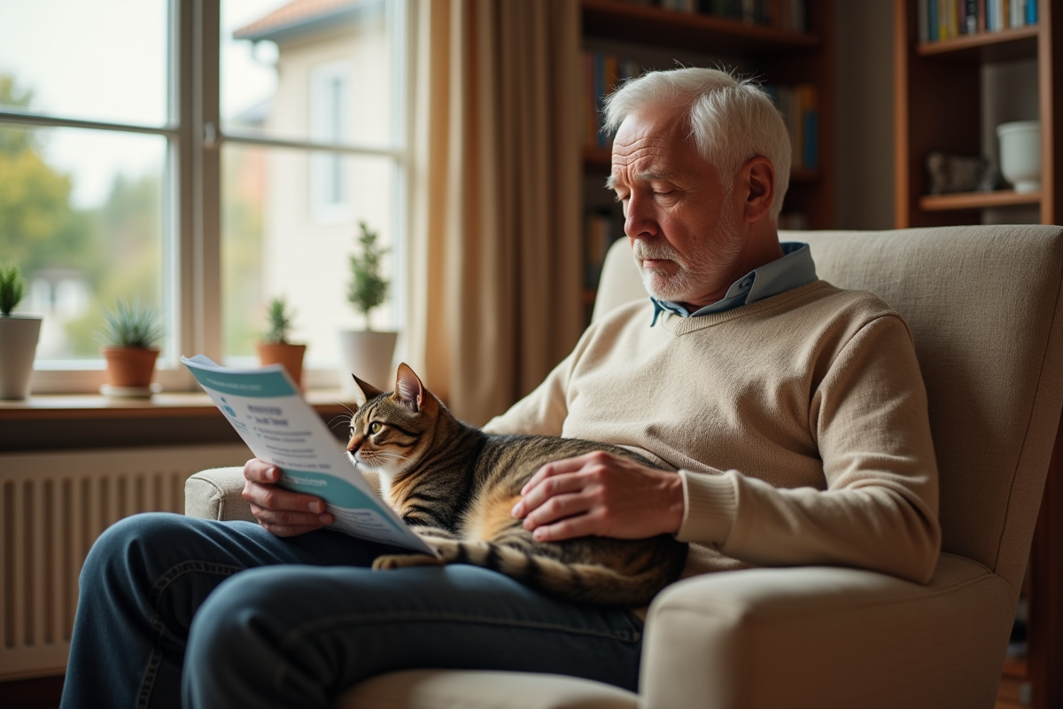 Homme âgé avec chat dans un salon chaleureux