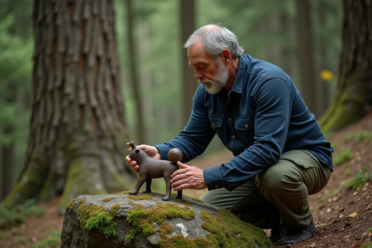 Homme en forêt posant un totem animal sur une roche mossy