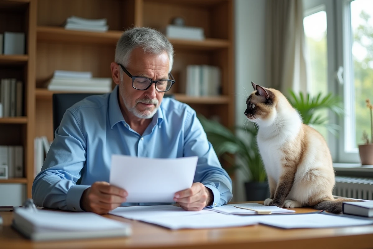Homme travaillant avec chat sacré birman dans bureau lumineux