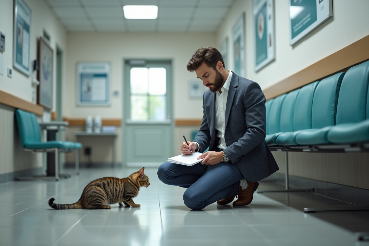 Homme remplissant un formulaire avec son chat dans une clinique vétérinaire