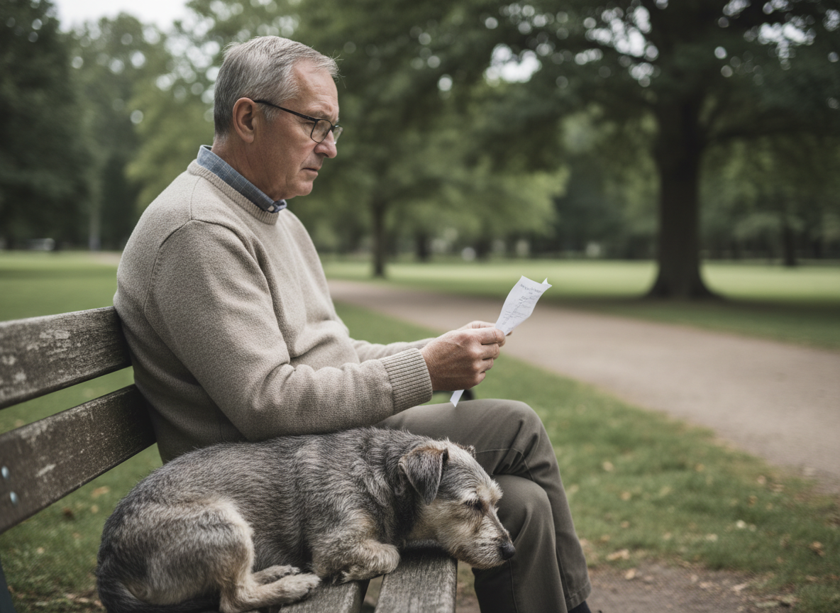 Homme âgé avec chien dans un parc en lecture