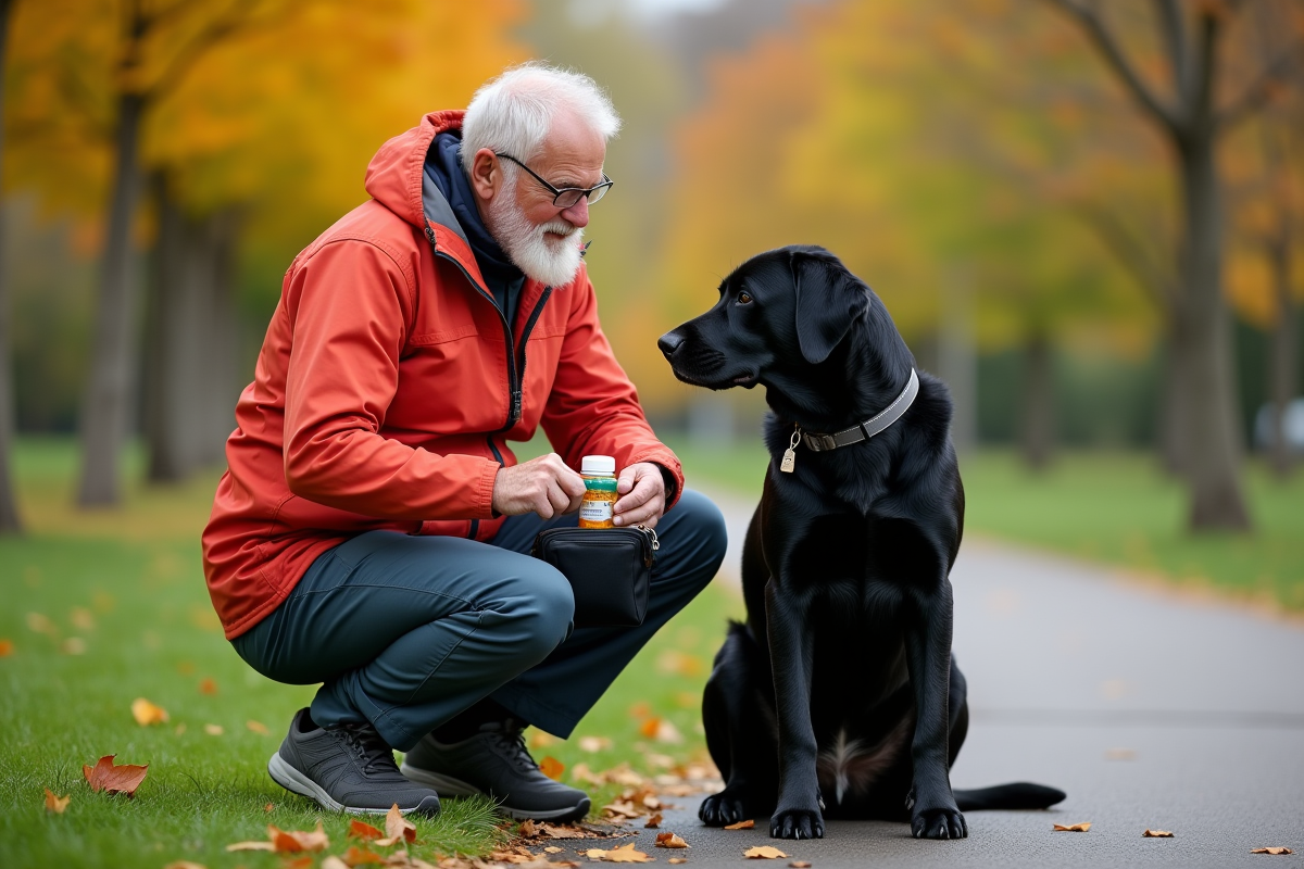 Homme âgé donnant des vitamines à son chien dans un parc