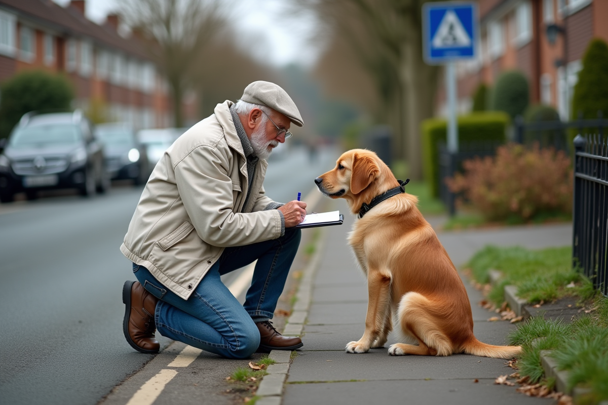 Homme âgé remplissant un constat avec son chien à côté