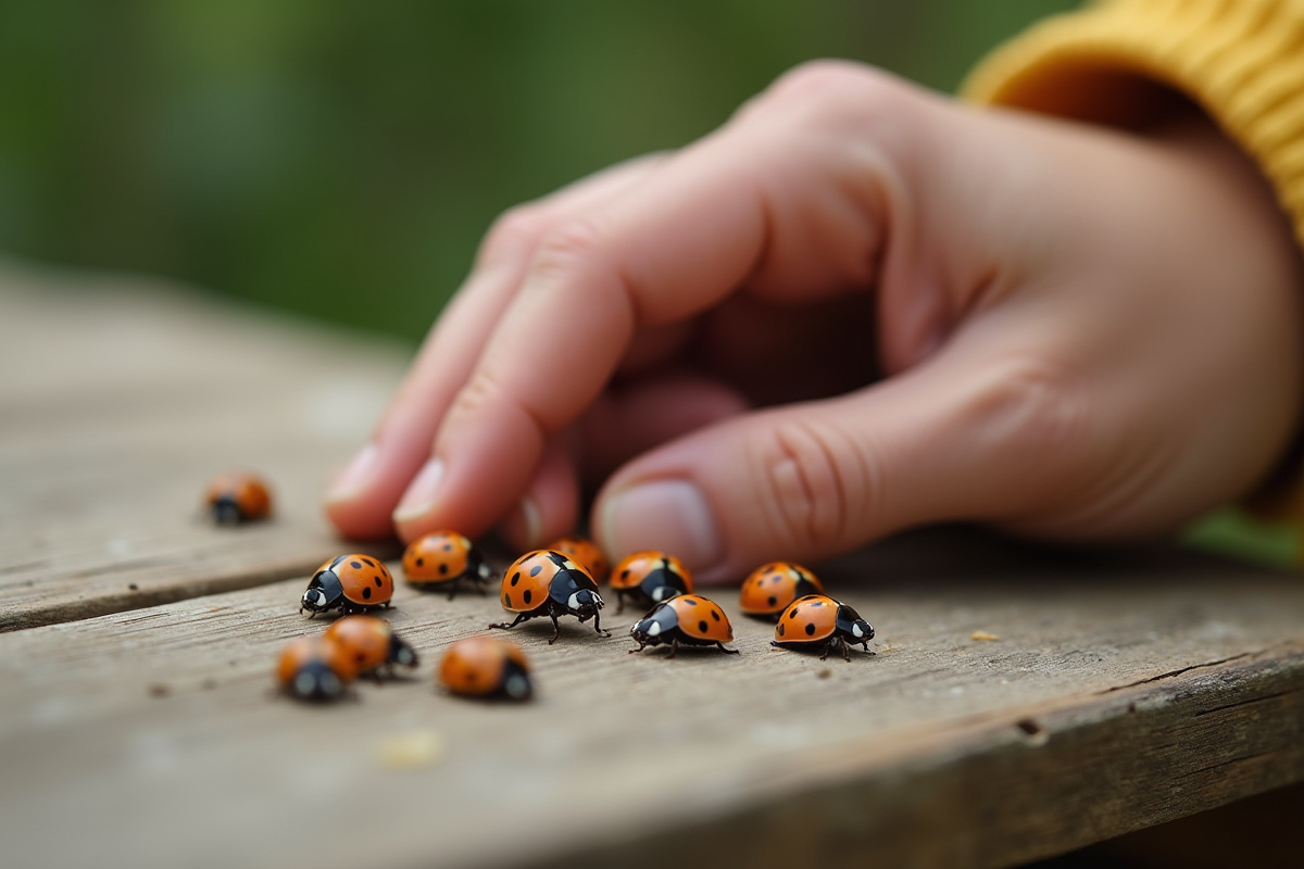 Main humaine observant différentes coccinelles sur bois