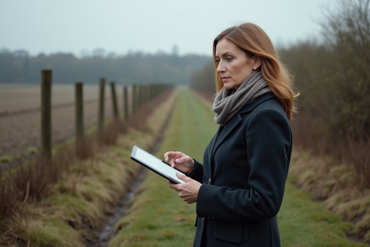 Inspectrice vérifiant une clôture endommagée en campagne