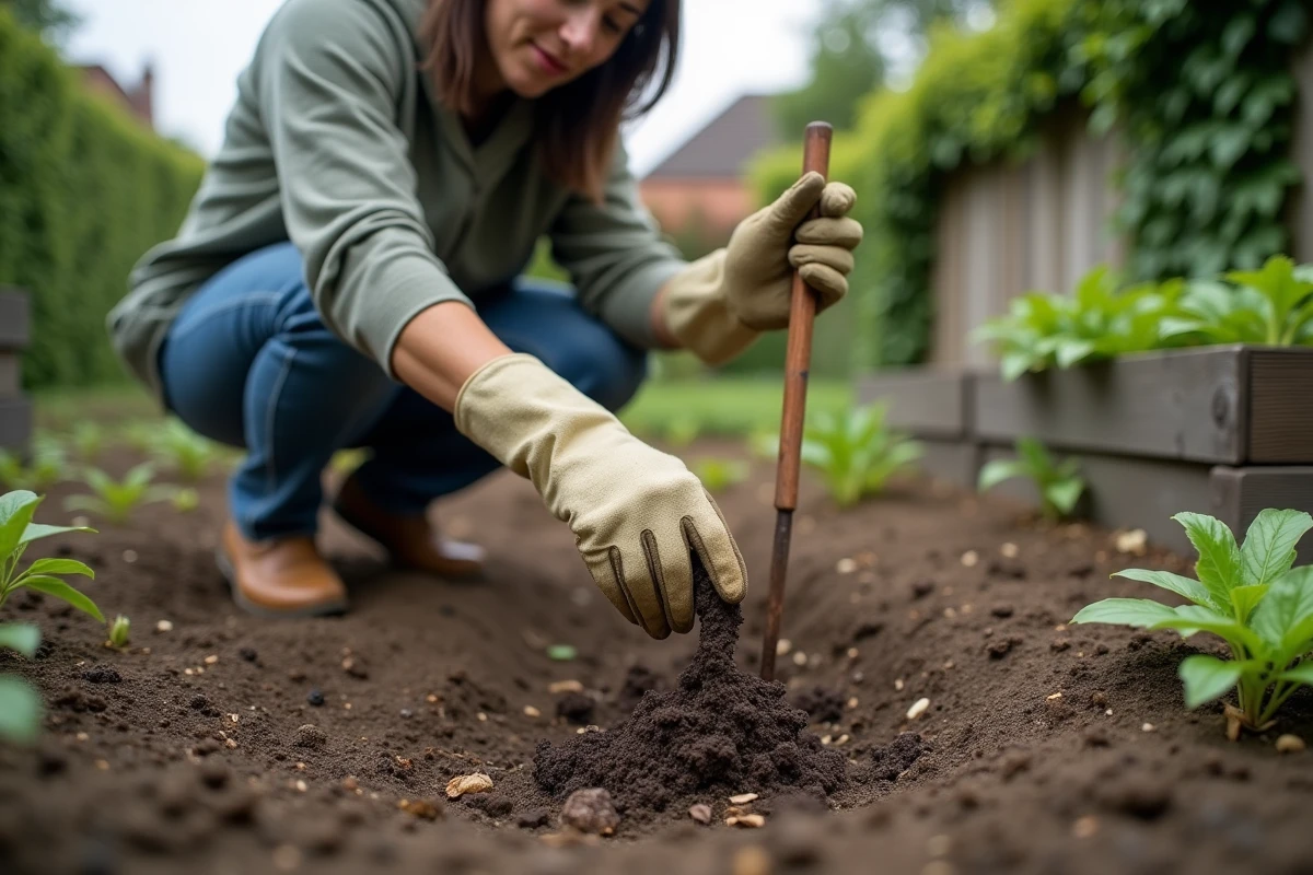 Jardinier adulte avec des gants qui examine des crottes d'animaux sauvages dans un potager résidentiel