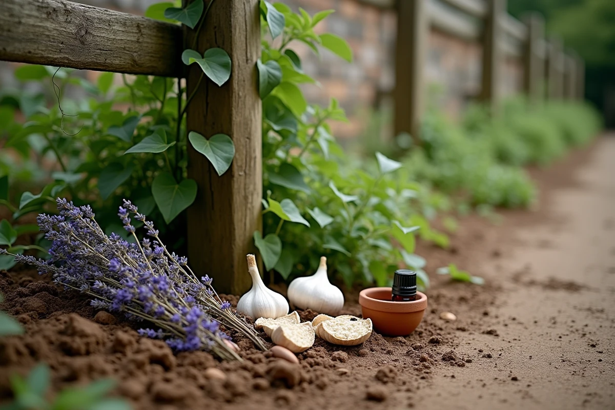 Jardin rural endommagé par des sangliers avec des solutions naturelles de répulsion disposées près d'une clôture en bois
