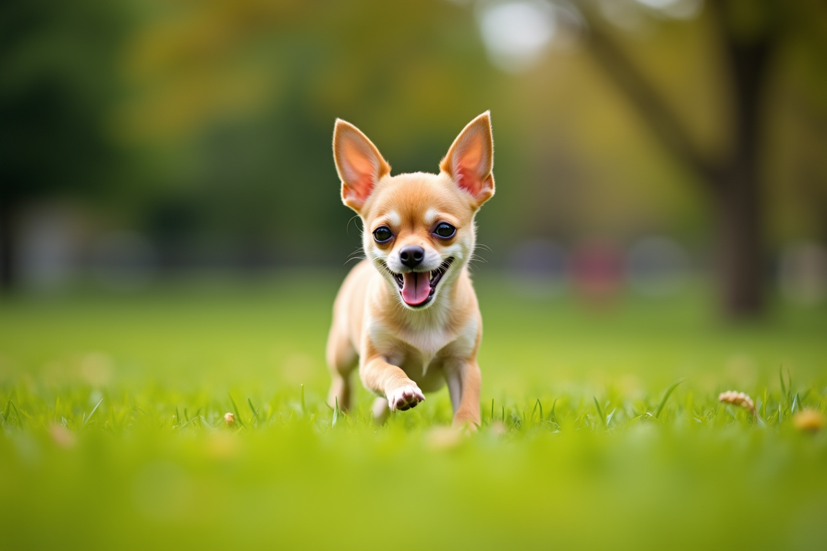 Jeune chihuahua courant dans un parc en plein jour