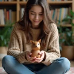 Jeune femme tenant un totem en bois dans un intérieur chaleureux