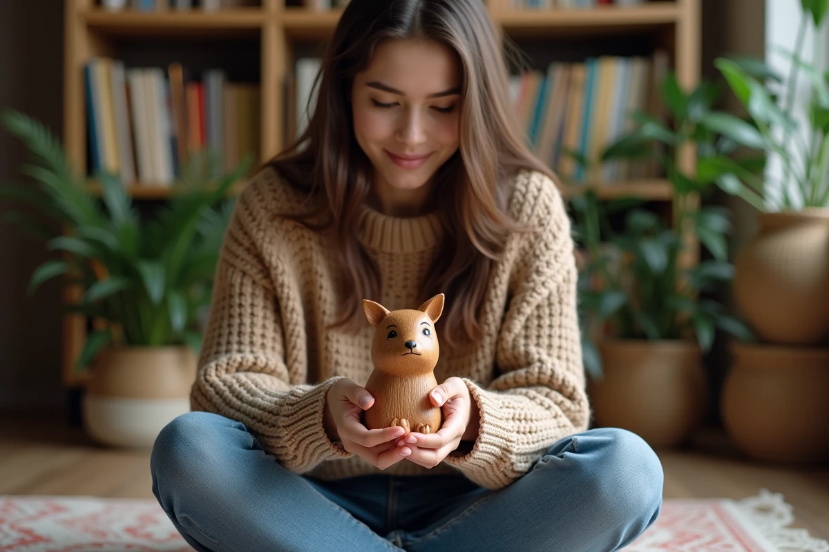 Jeune femme tenant un totem en bois dans un intérieur chaleureux