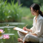 Jeune femme dessinant un libellule près d’un étang paisible