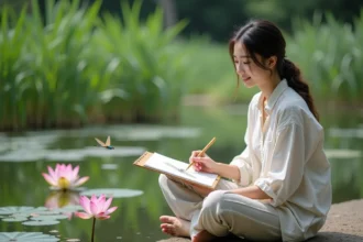Jeune femme dessinant un libellule près d’un étang paisible