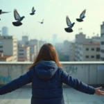 Jeune fille en veste navy sur le toit avec pigeons en vol