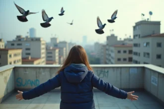 Jeune fille en veste navy sur le toit avec pigeons en vol