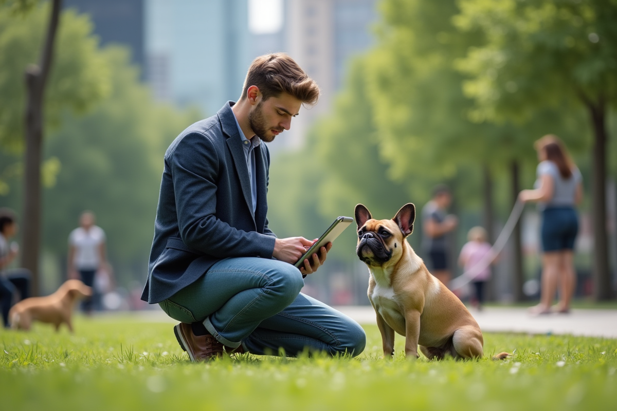 Jeune homme avec son chien bulldog regardant une tablette
