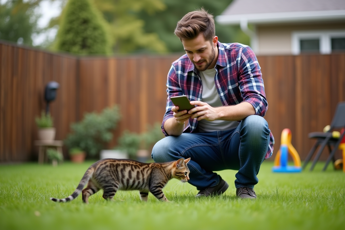 Jeune homme avec son chat compare des assurances pour animaux en extérieur