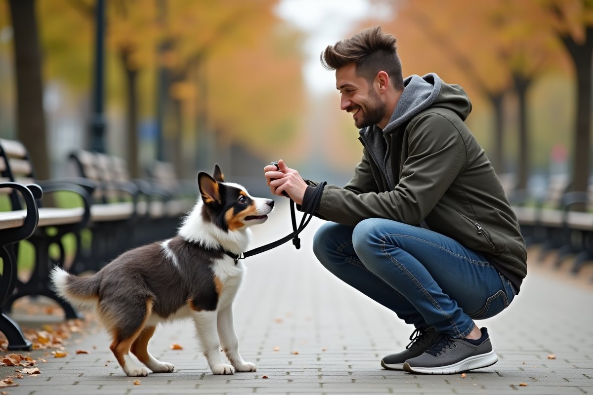 Jeune homme avec chiot border collie dans un parc urbain