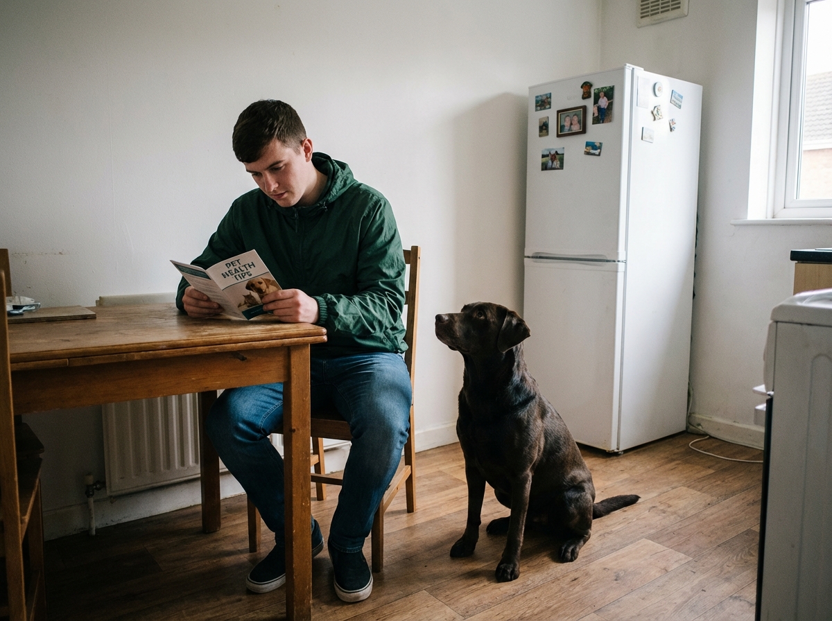 Jeune homme lisant conseils pour animaux avec son chien