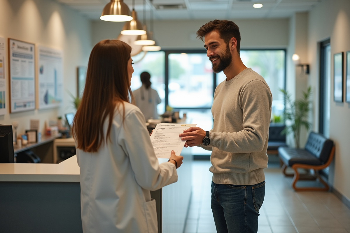 Jeune homme remettant un formulaire de remboursement à la réception