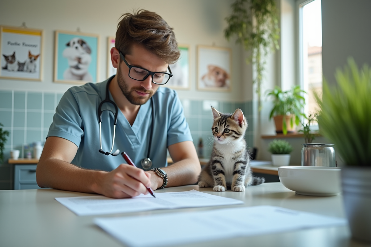 Jeune homme signant documents chez le vétérinaire