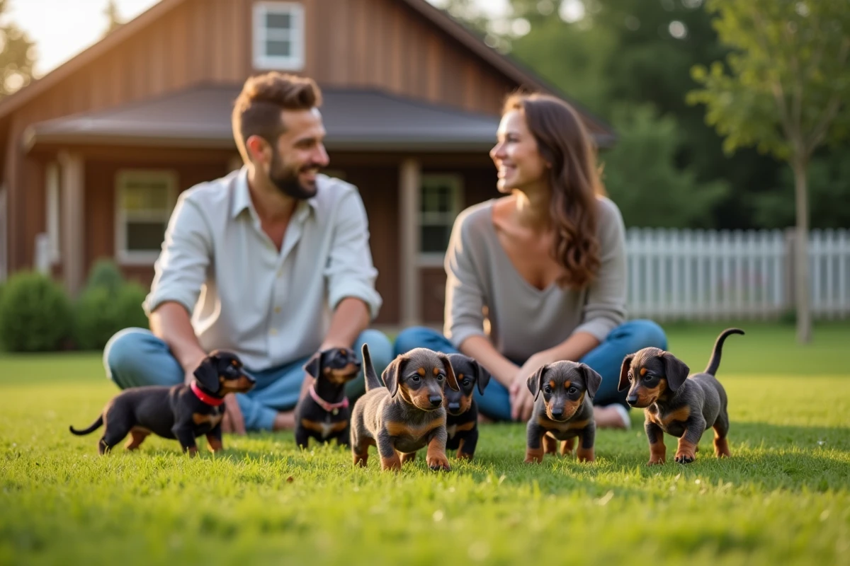 Couple regardant des chiots teckel dans un jardin en plein air