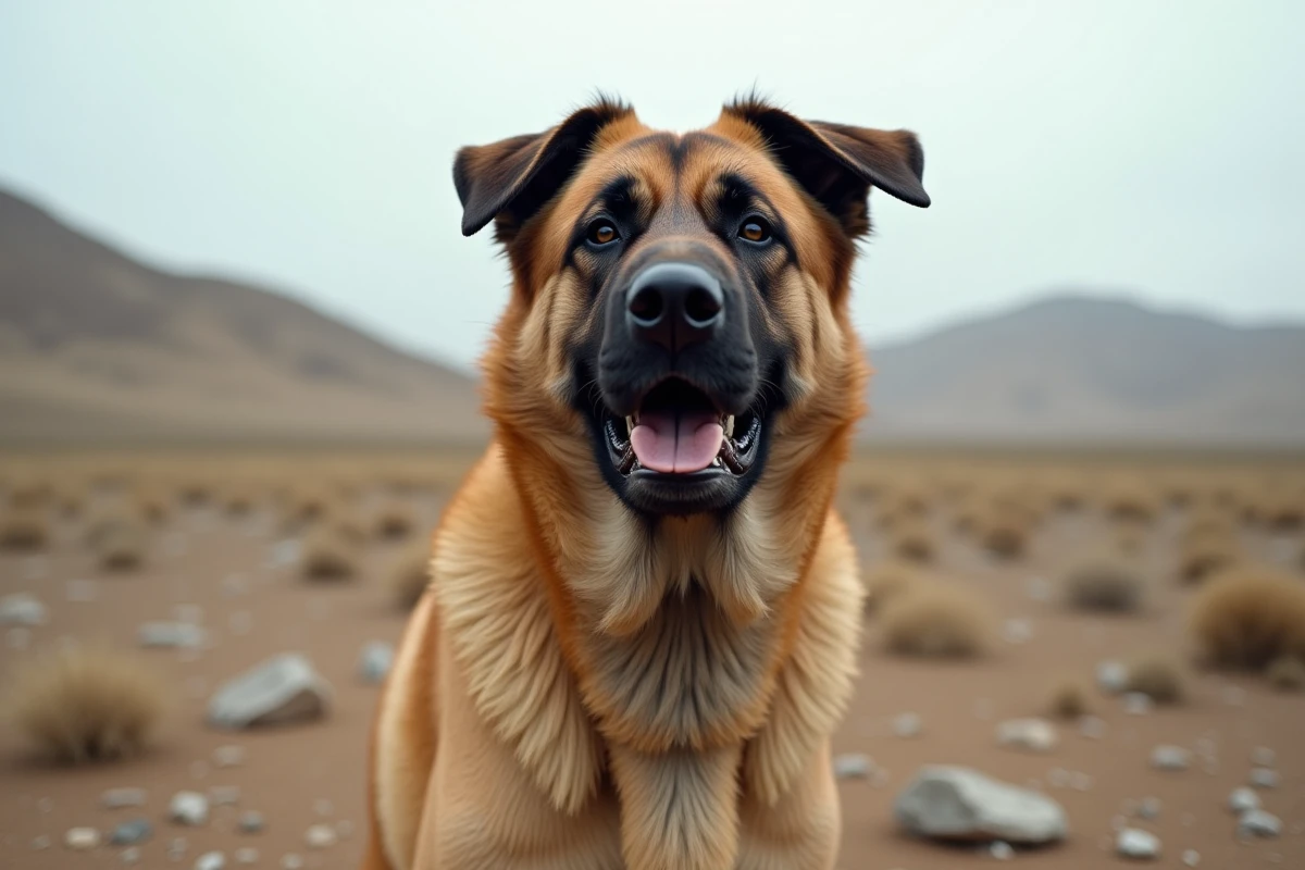 Kangal adulte en plein air sur terrain rocheux, portrait mettant en valeur la morphologie de la mâchoire de cette race réputée pour sa force de morsure exceptionnelle