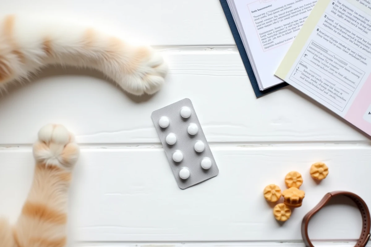 Kit de contraception pour chatte sans ordonnance posé sur une surface blanche avec notice et accessoires félins