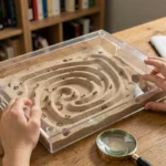 Kit fourmilière creusable transparent posé sur un bureau en bois avec des tunnels visibles et des fourmis en activité, observé par un enfant