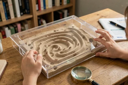 Kit fourmilière creusable transparent posé sur un bureau en bois avec des tunnels visibles et des fourmis en activité, observé par un enfant