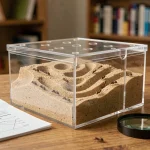 Kit fourmilière transparent avec tunnels et fourmis visibles sur bureau en bois pour observation scientifique à domicile