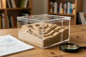 Kit fourmilière transparent avec tunnels et fourmis visibles sur bureau en bois pour observation scientifique à domicile