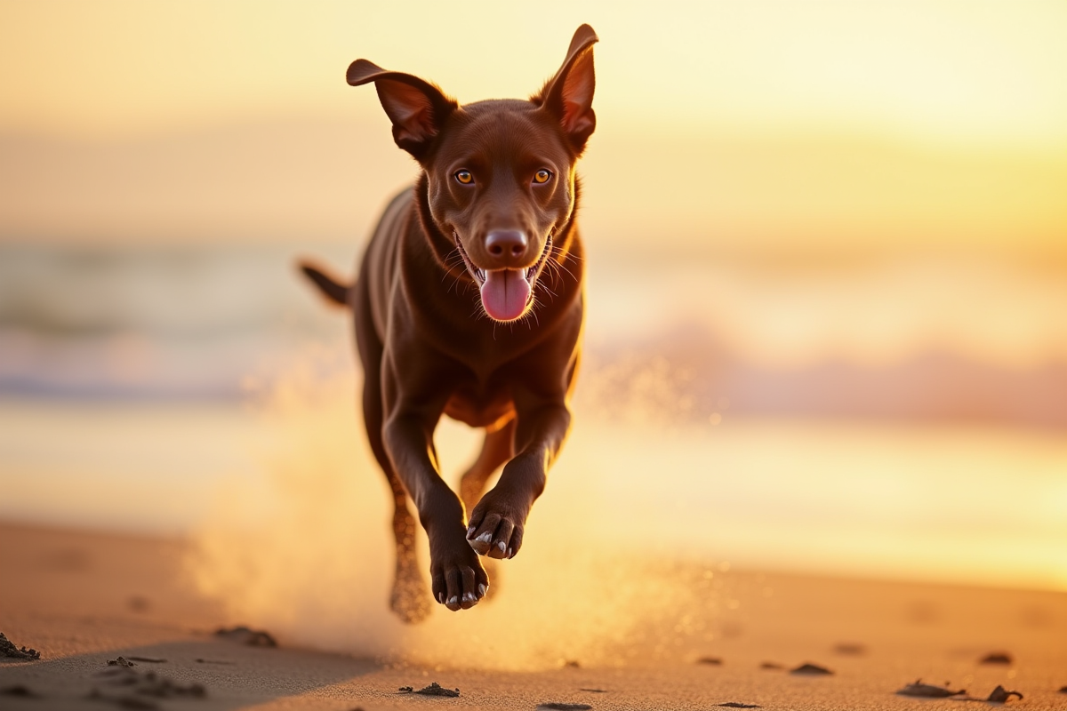 Labrador chocolat courant sur la plage au coucher de soleil