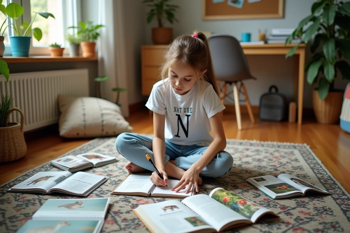 Adolescente assise sur le sol de sa chambre entourée de magazines nature, notant dans un carnet des noms d'animaux commençant par la lettre N