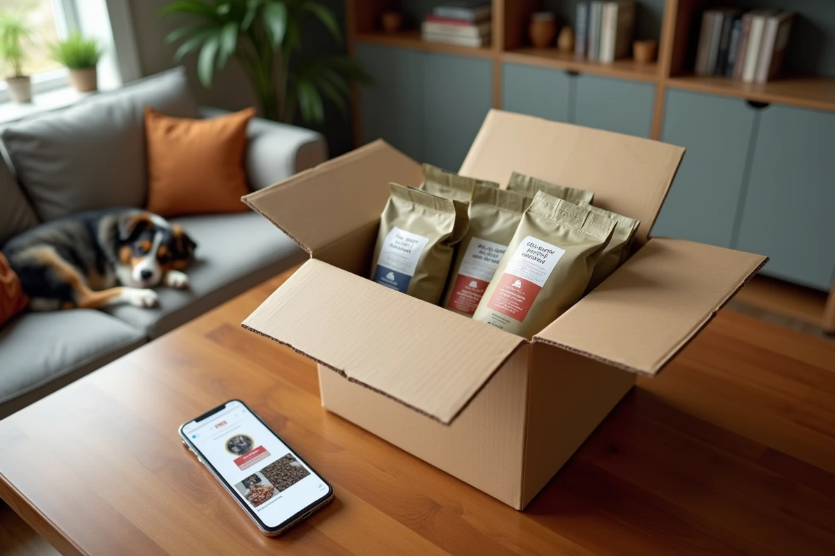 Boîte de livraison ouverte contenant des croquettes pour chien et chat commandées en ligne